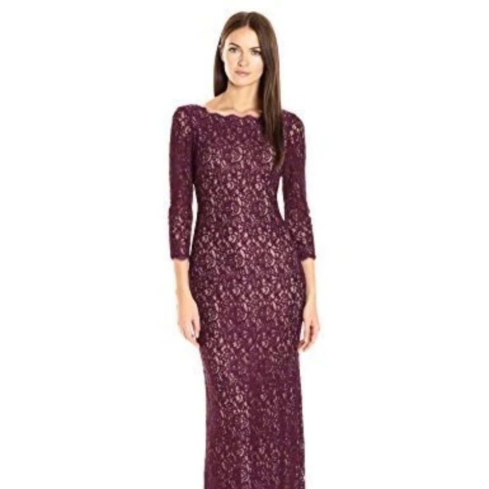 STORE CLOSING MARCH 30! ADRIANNA PAPELL Maroon Lace V-Back Hi-Slit Maxi Gown 6